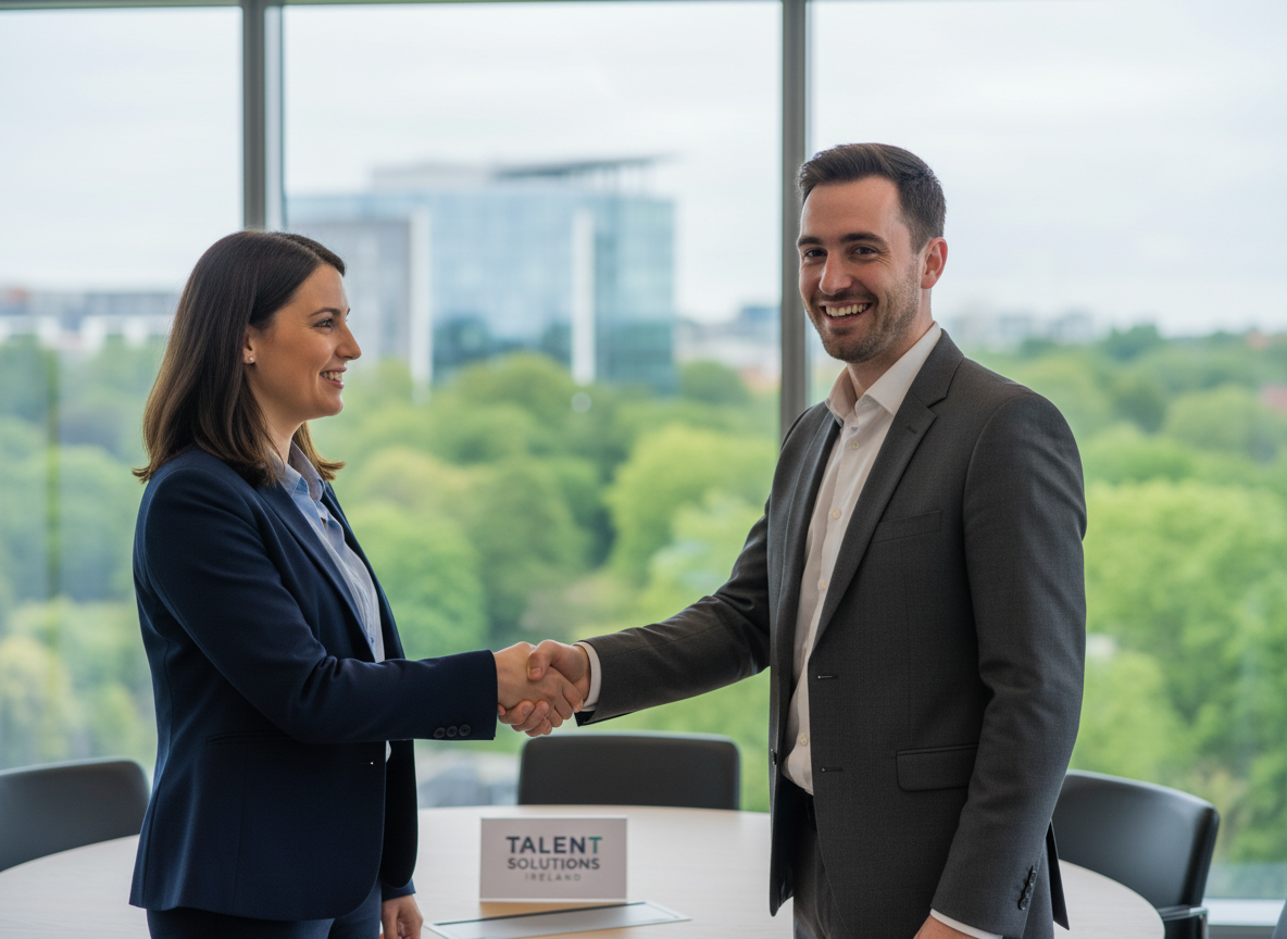 Warm handshake between two people in a bright modern office in Ireland
