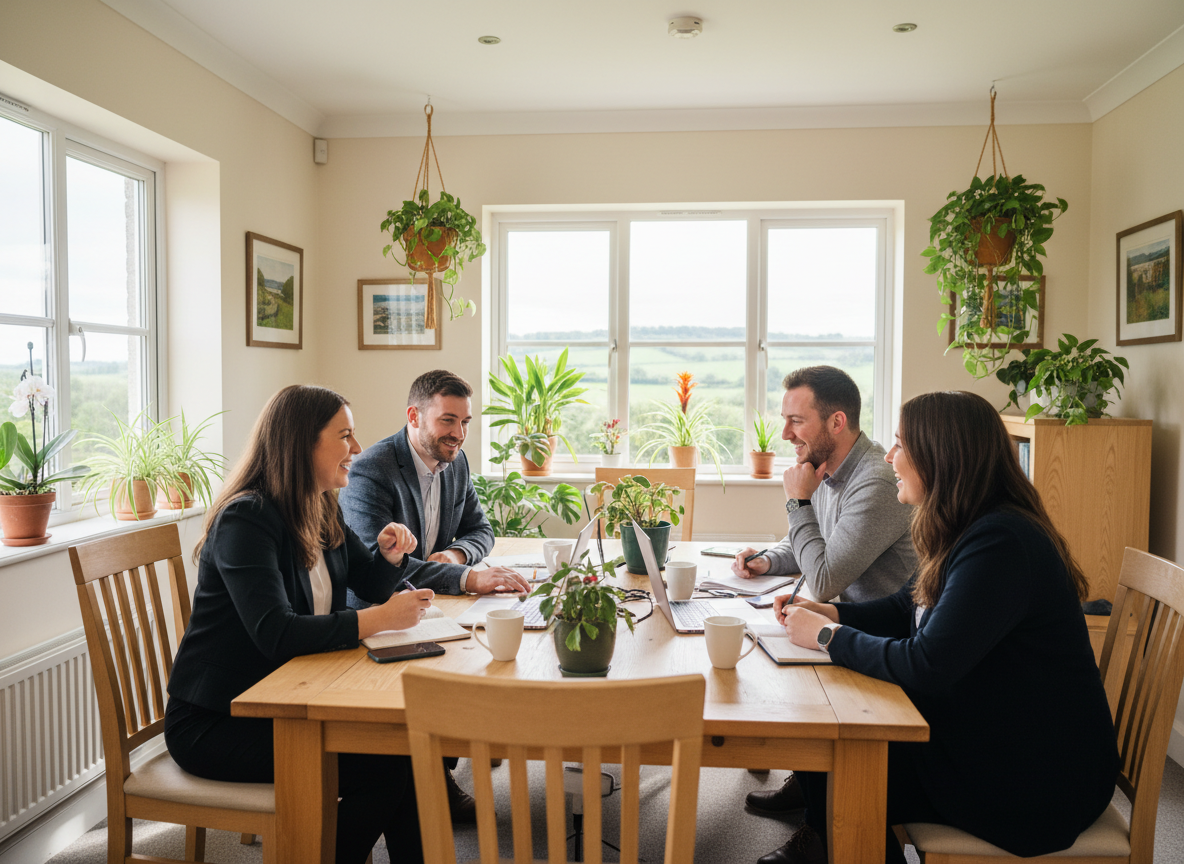 A friendly recruitment team collaborating in a bright County Meath office